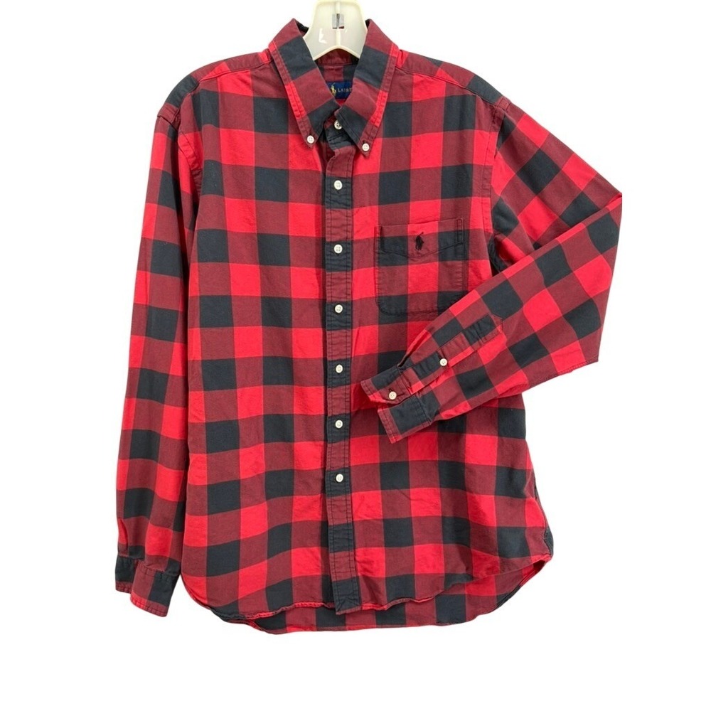 Ralph Lauren Shirt Mens L Buffalo Check Plaid Button Down Shirt Red Black Cotton